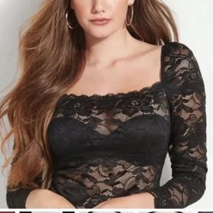 GUESS - Woman’s Black Long Sleeve Lace Square Neck Crop Top | Size L